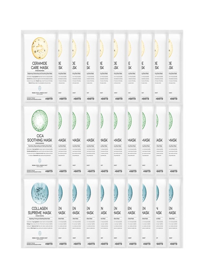 #OOTD Hydrating Soothing Sheet Masks Gift Set for Skincare, Korean Vegan Sheet Mask for Dry, Sensitive Skin, Calming, Smoothing, Brightening, Collagen, Ceramide, Cica, Hyaluronic Acid 30EA - Image 1